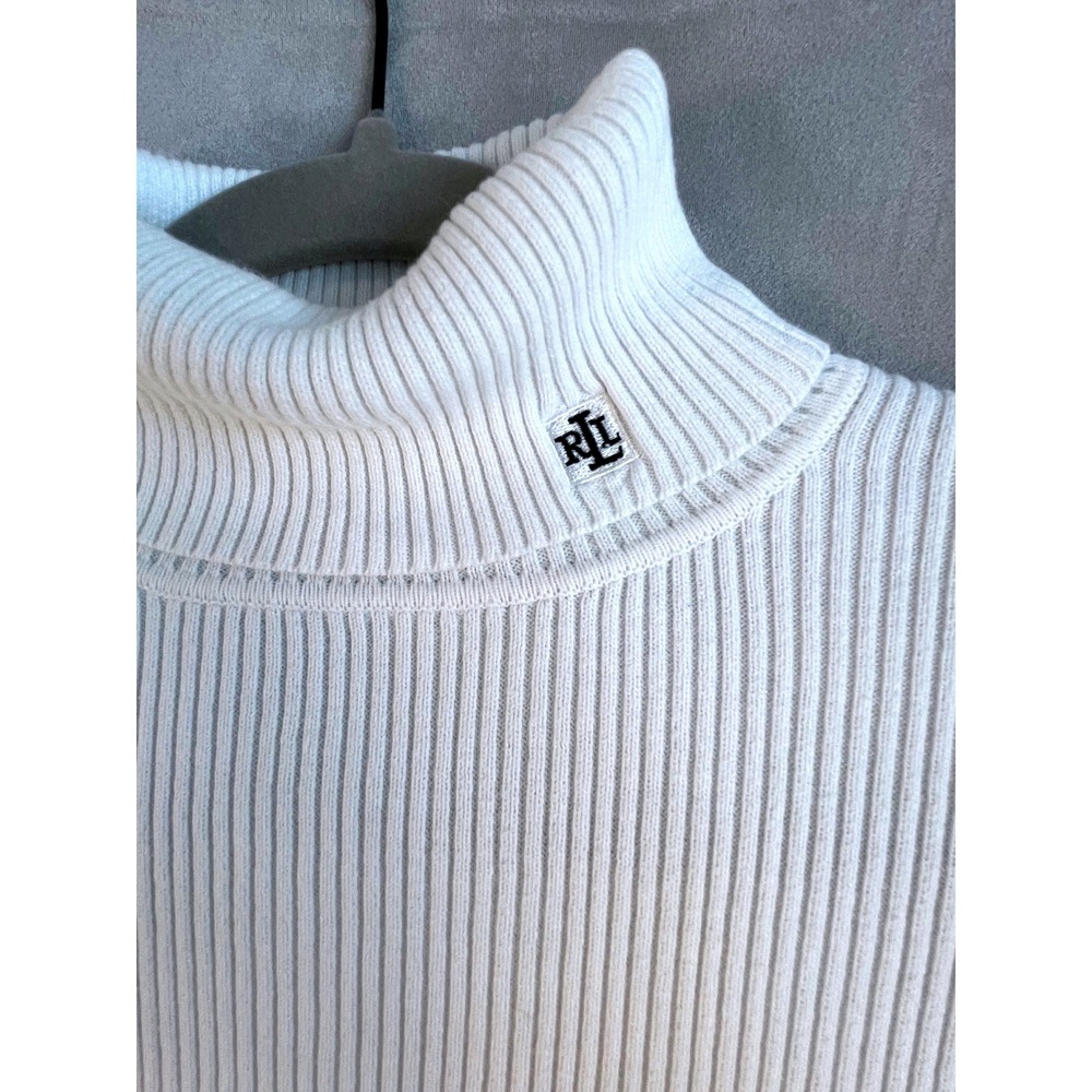 Lauren Ralph Lauren Womens White Ribbed Cotton Turtleneck Sweater Large RLL Logo